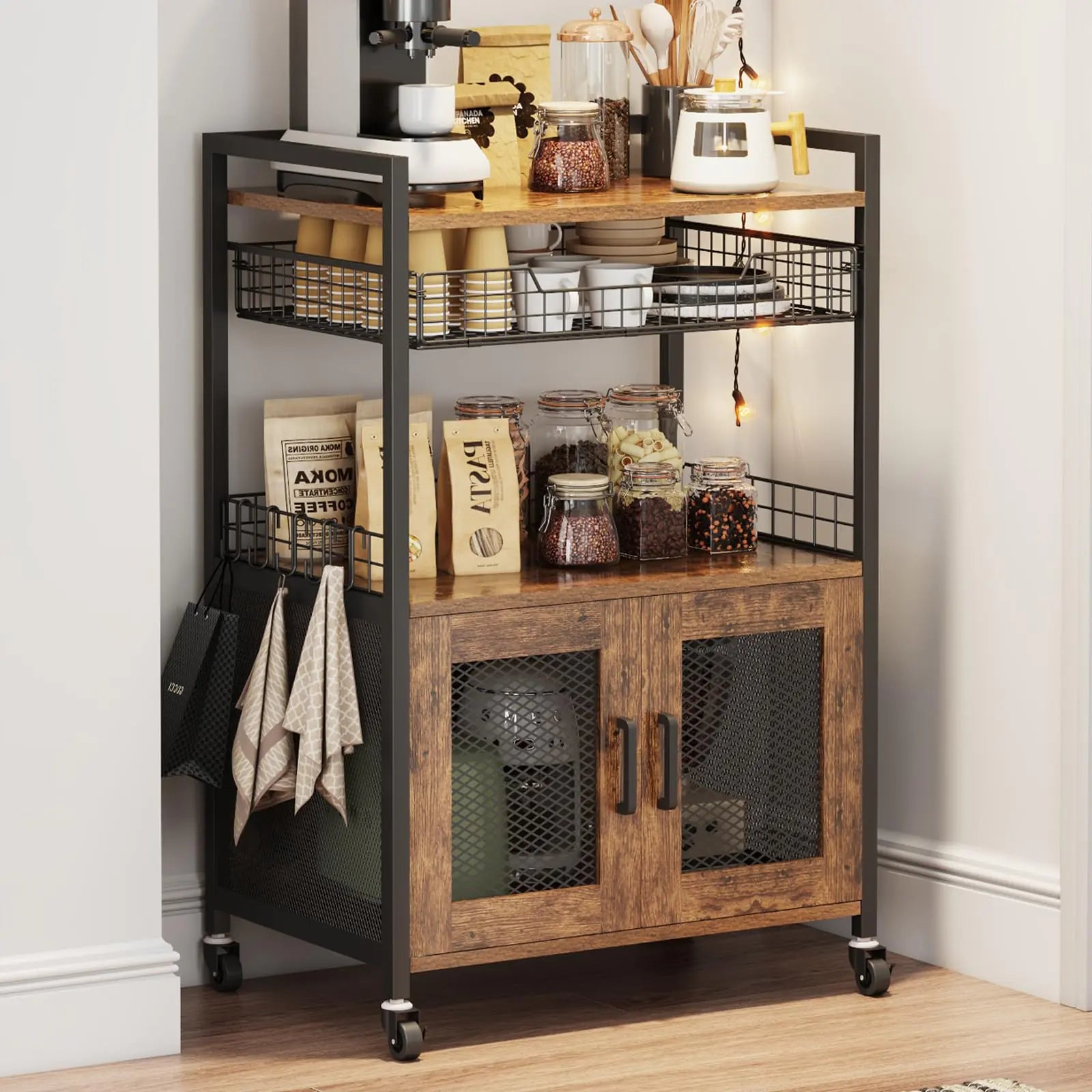 Coffee Bar Cabinet 3 Tier Coffee Station Table on Wheels 35.9